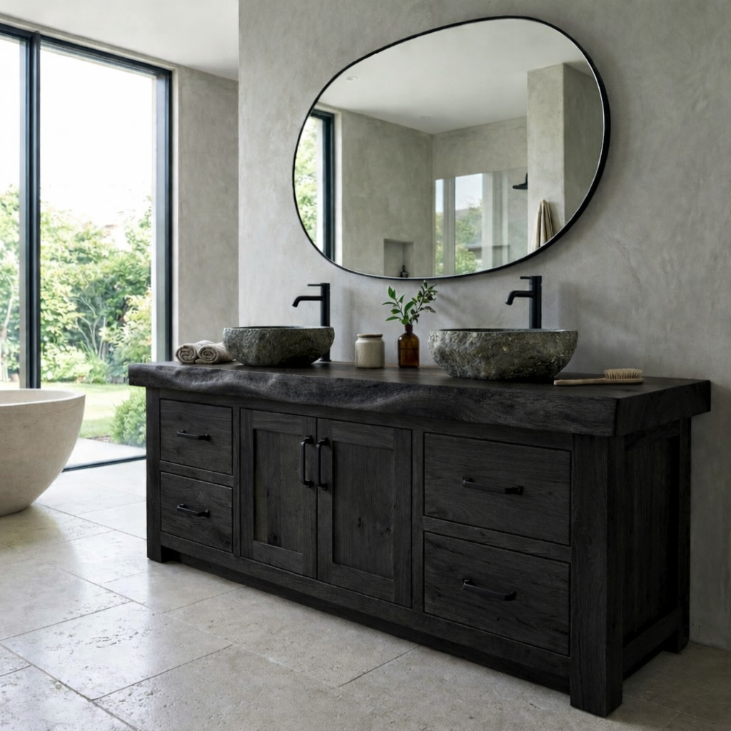 Rustic Oak Bathroom Vanity Double Sink Cabinet Live Edge Solid Wood Storage Unit