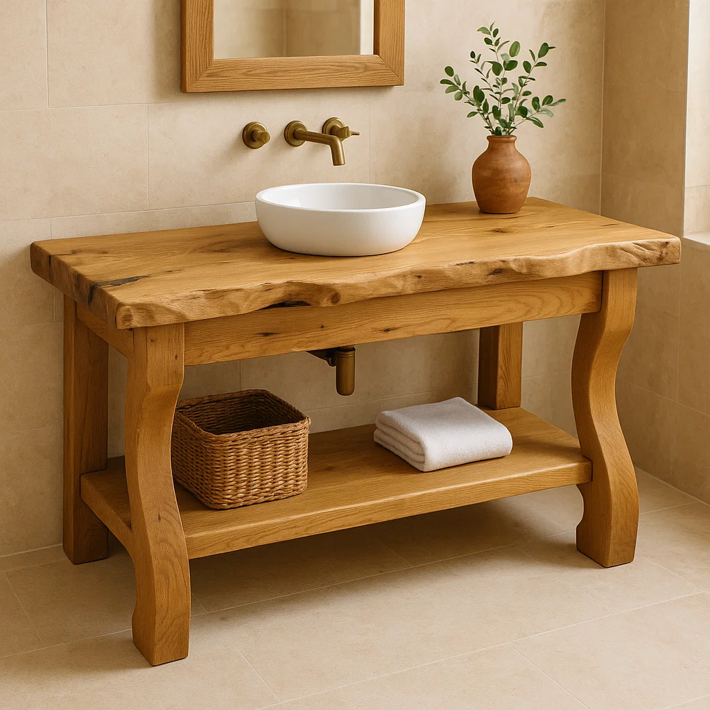 Solid Oak Floating Bathroom Vanity with Round Sink and Brass Fixtures