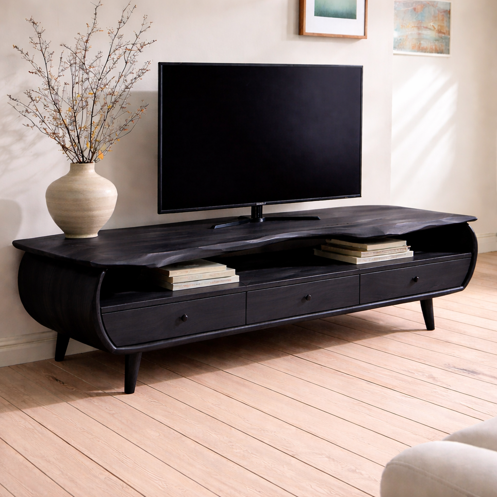 Live Edge Solid Wood Media Console – Modern TV Stand with Drawers & Storage