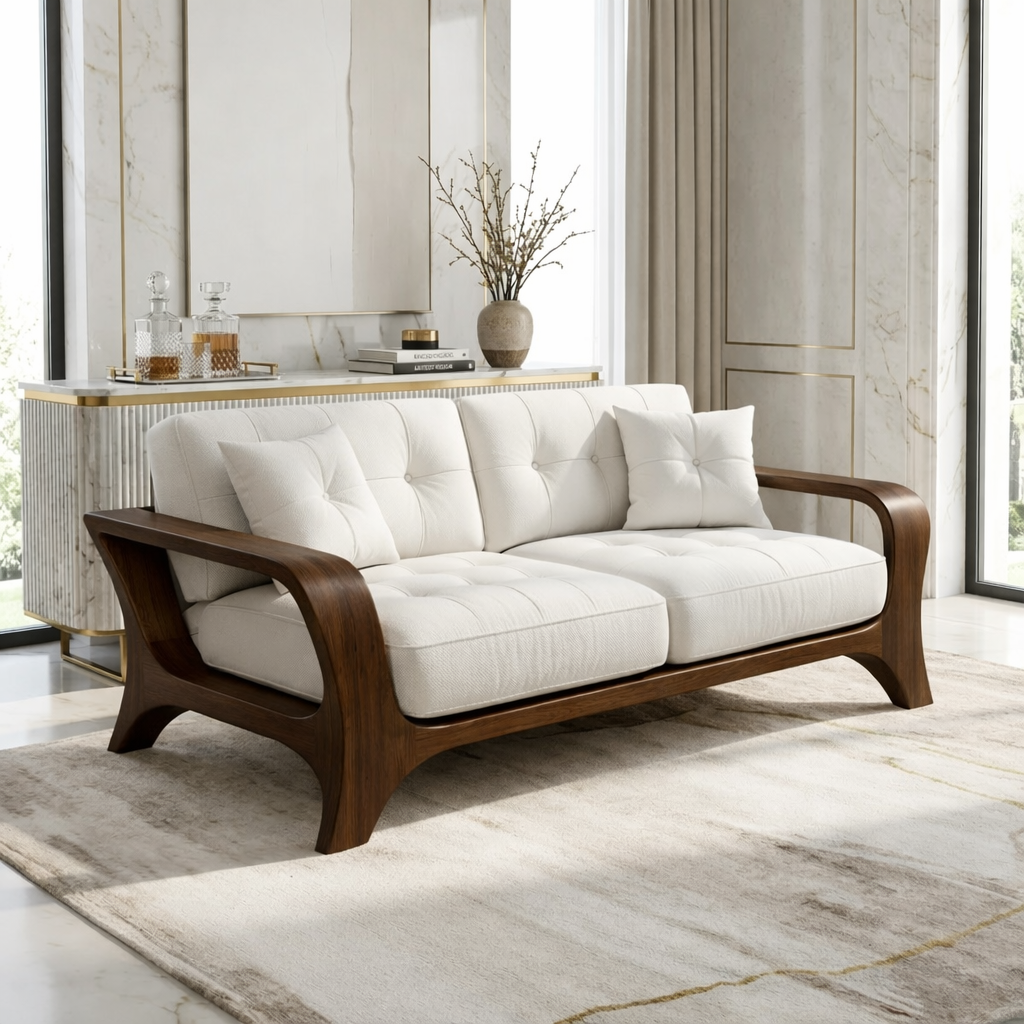 Luxury Curved Solid Wood Sofa with White Tufted Cushions Modern Designer Couch