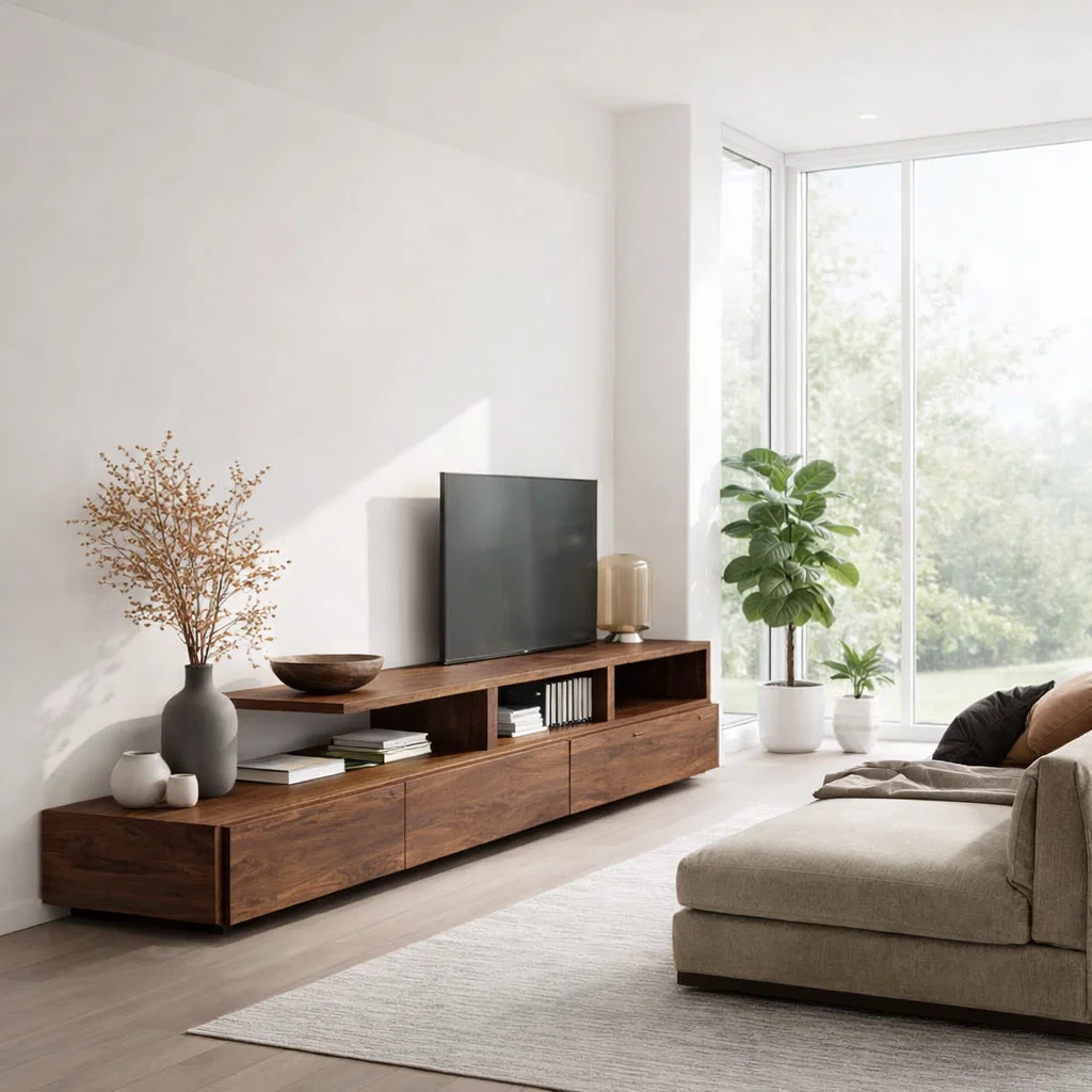 Solid Wood Media Console with Open Shelf & Cabinet Storage, Modern TV Stand