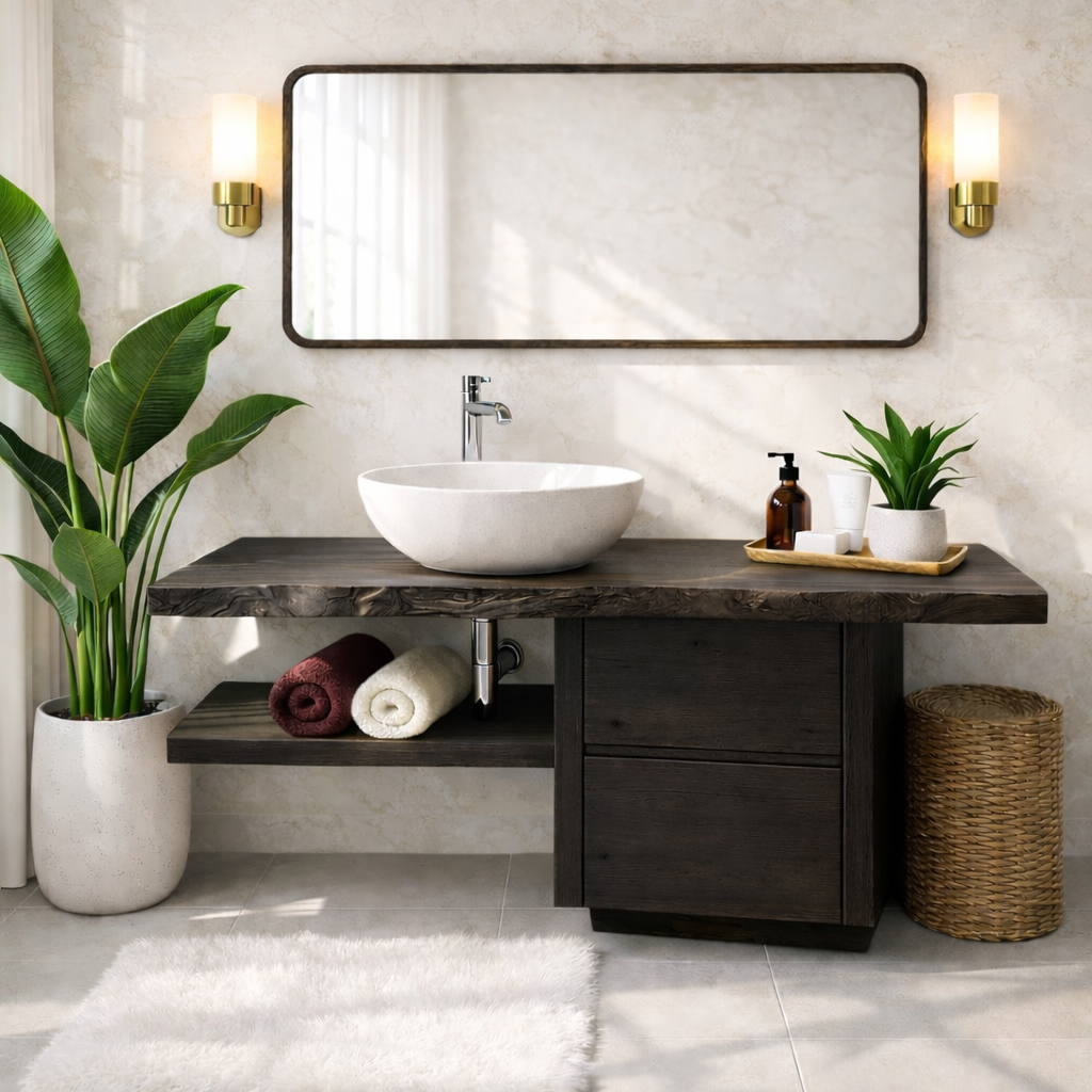 Handcrafted Solid Wood Bathroom Vanity with Live Edge Countertop and Modern Storage Design