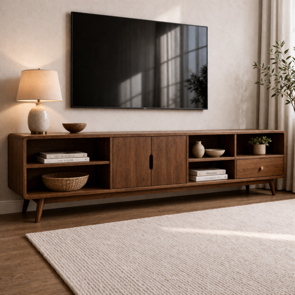 Solid Wood TV Console with Cabinets and Open Shelf Storage