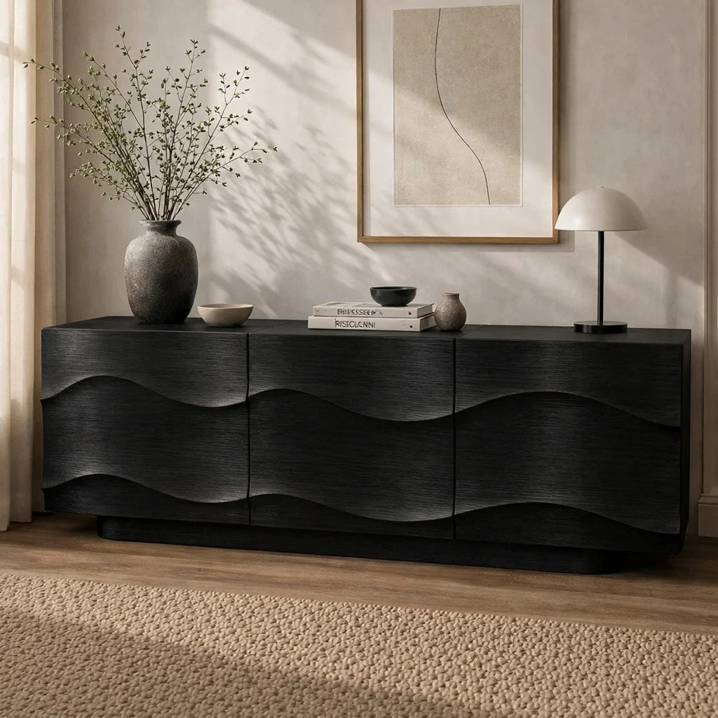Modern Solid Wood Sideboard Cabinet with Wave Design Doors – Minimalist Storage