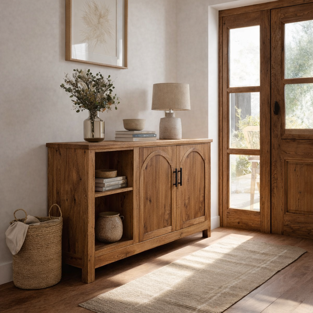 Solid Wood Console Table with Doors and Shelves – Rustic Entryway Storage Cabinet