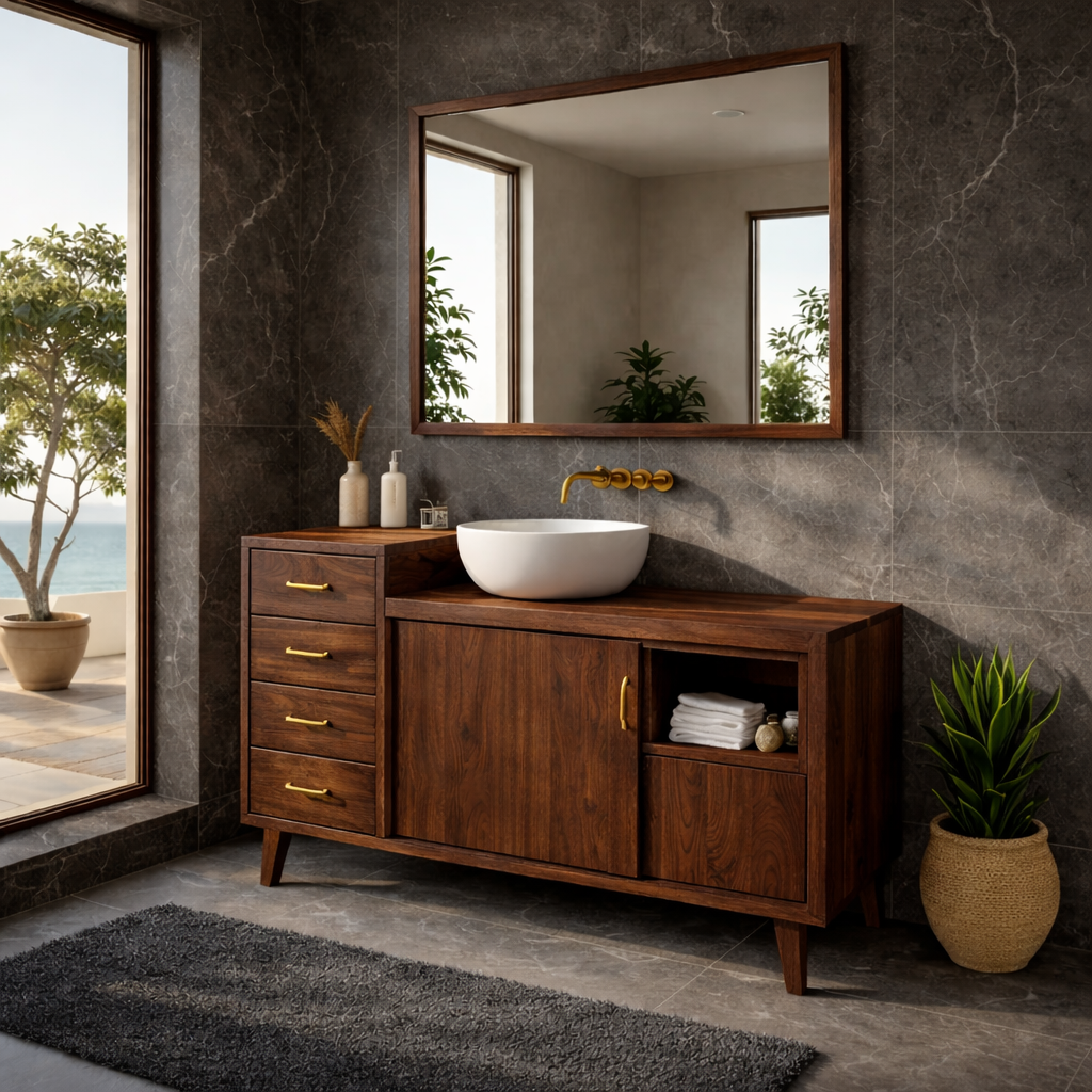 Solid Wood Bathroom Vanity with Drawers & Cabinet Storage β Mid Century Walnut Vanity