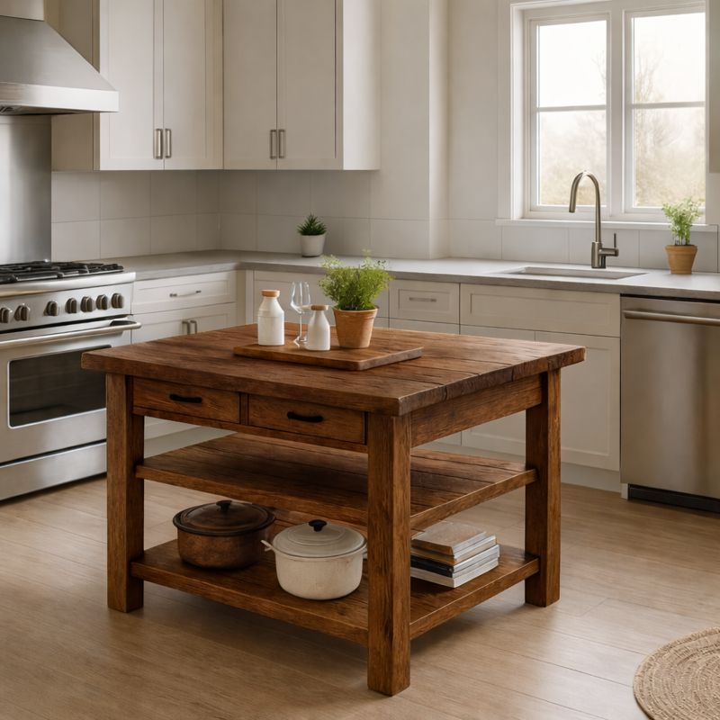 Live Edge Solid Wood Kitchen Island with Drawers - Rustic Farmhouse Butcher Block Prep Table