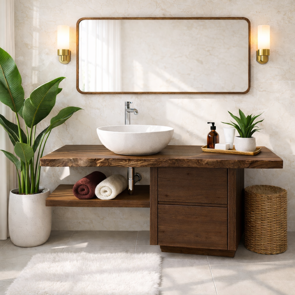 Handcrafted Solid Wood Bathroom Vanity with Live Edge Countertop and Modern Storage Design