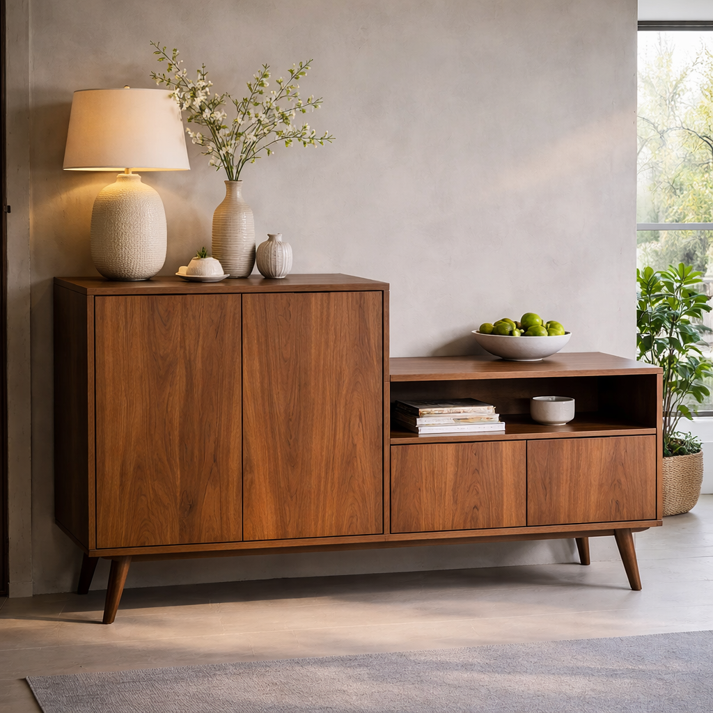 Solid Wood Console Cabinet with Open Shelf and Storage Doors – Modern Sideboard