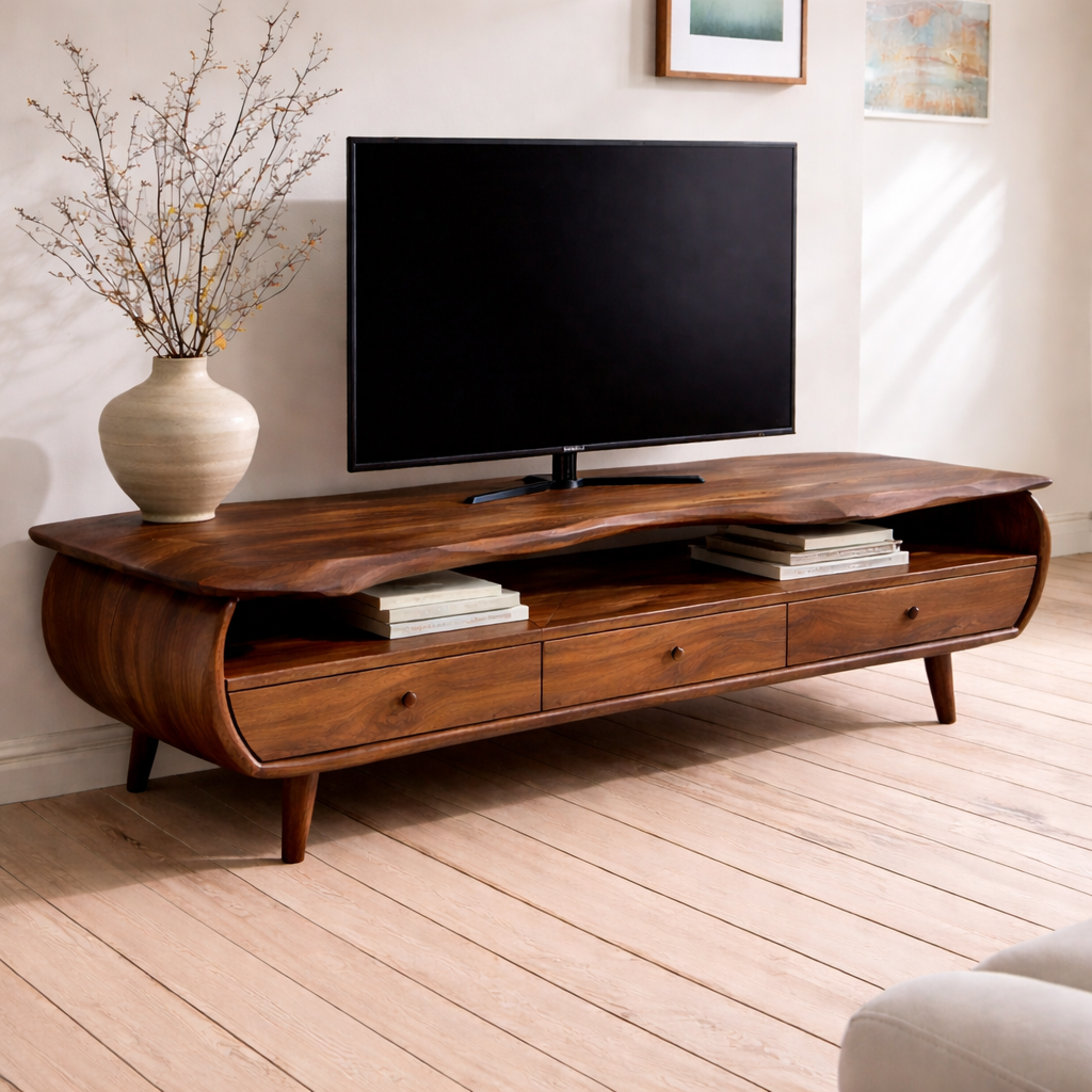 Live Edge Solid Wood Media Console – Modern TV Stand with Drawers & Storage