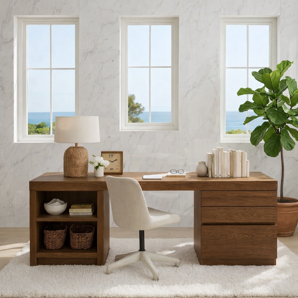 Modern Home Office Desk with Storage Shelves and Drawers Long Writing Computer Table