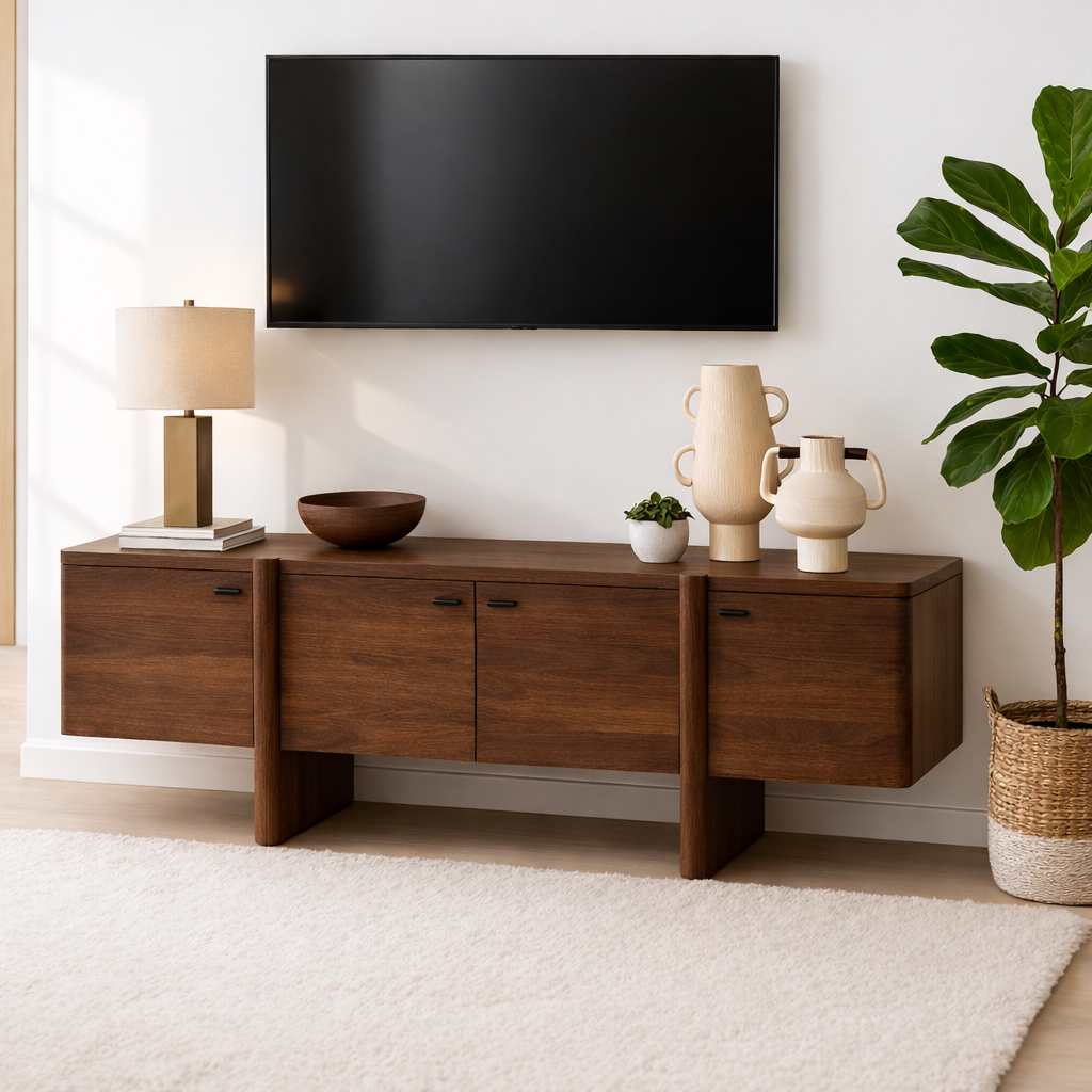 Handcrafted Solid Wood TV Stand with Drawer and Open Shelf Mid Century Modern Media Console