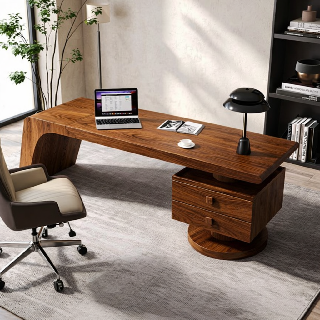 Modern Executive Desk with Curved Base and Drawers, Minimalist Office Writing Table