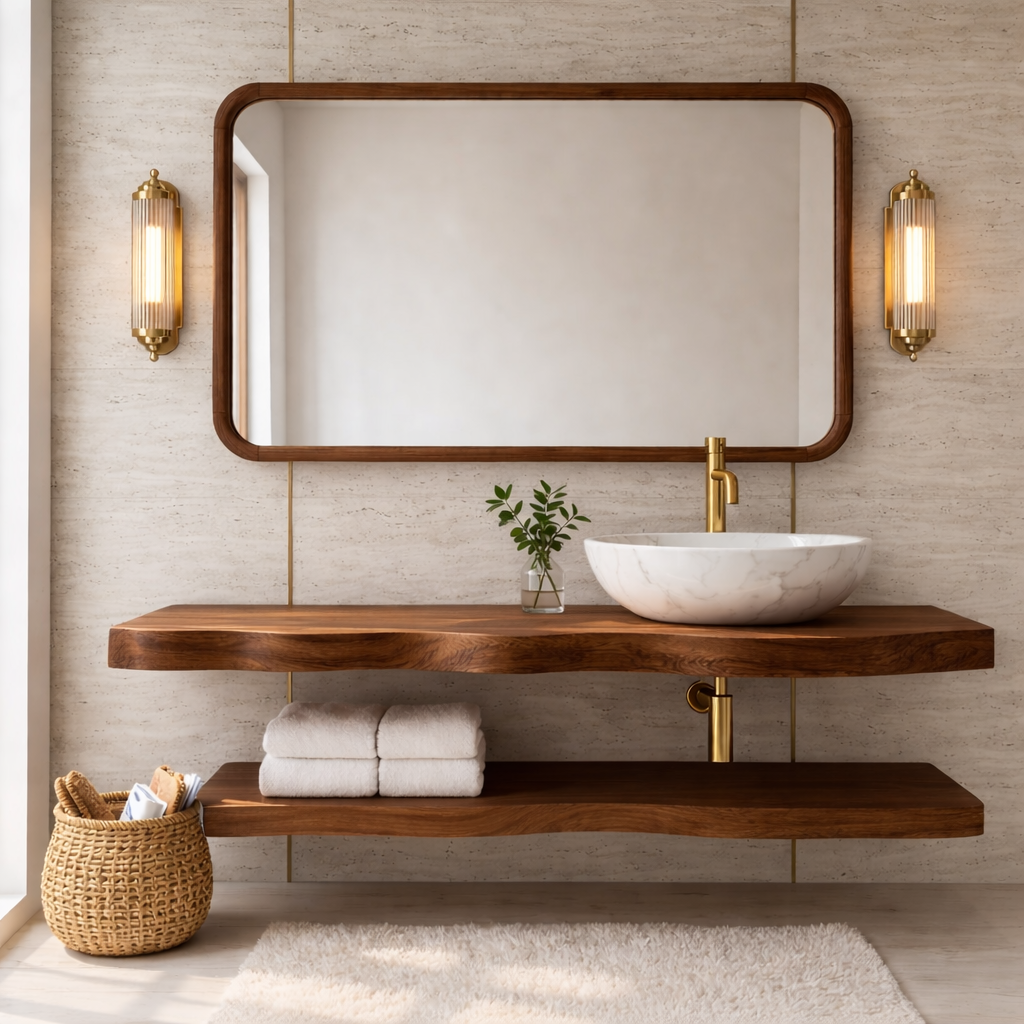 Natural Wood Floating Vanity with Curved Design, Shelf Storage, and Ceramic Sink