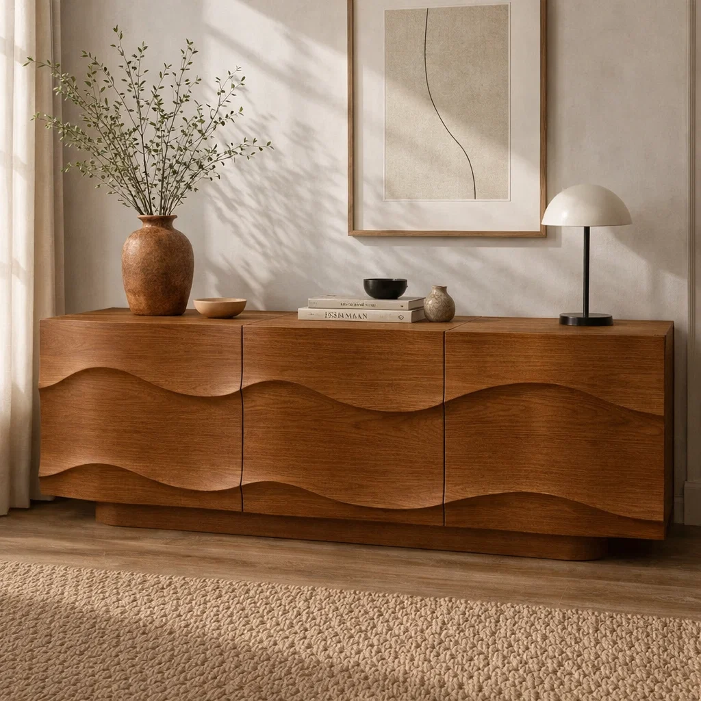 Modern Solid Wood Sideboard Cabinet with Wave Design Doors – Minimalist Storage