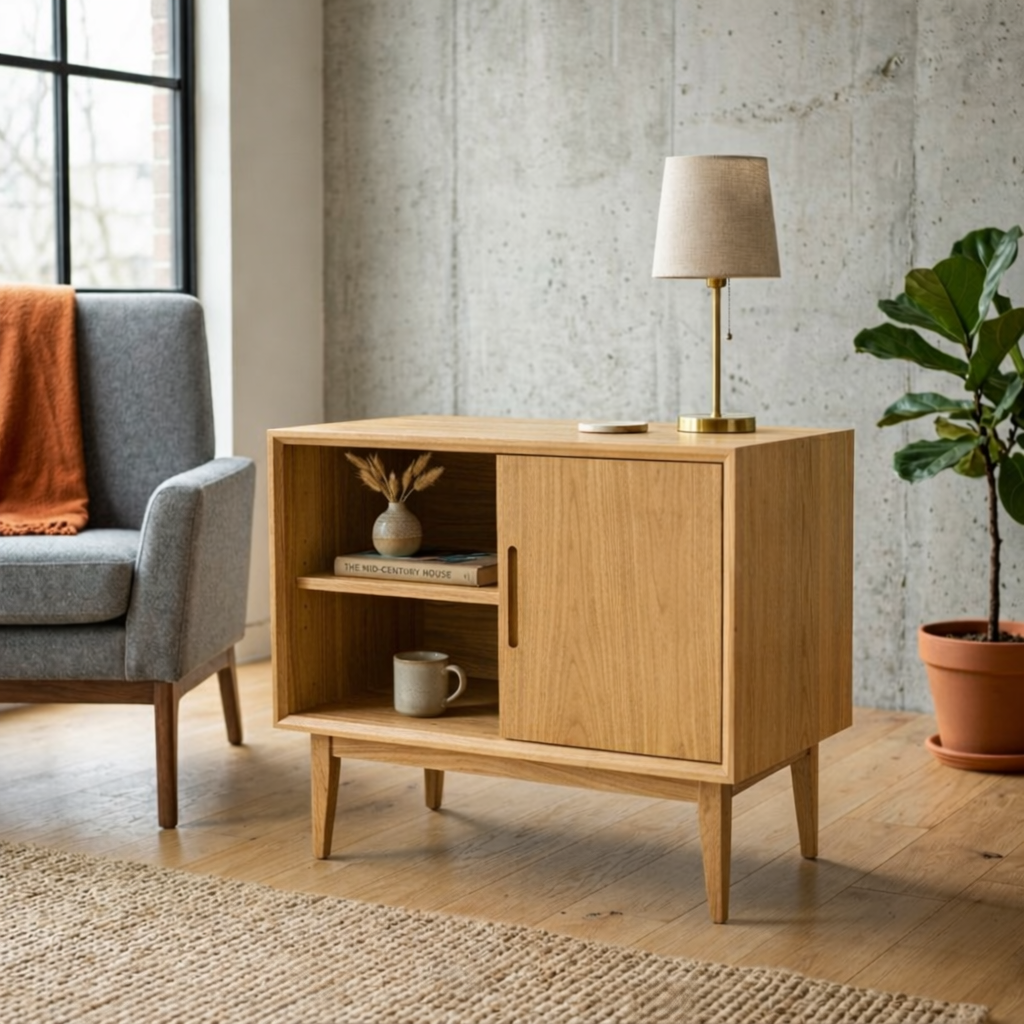 Solid Wood End Table with Sliding Door and Shelf – Mid Century Modern Side Table