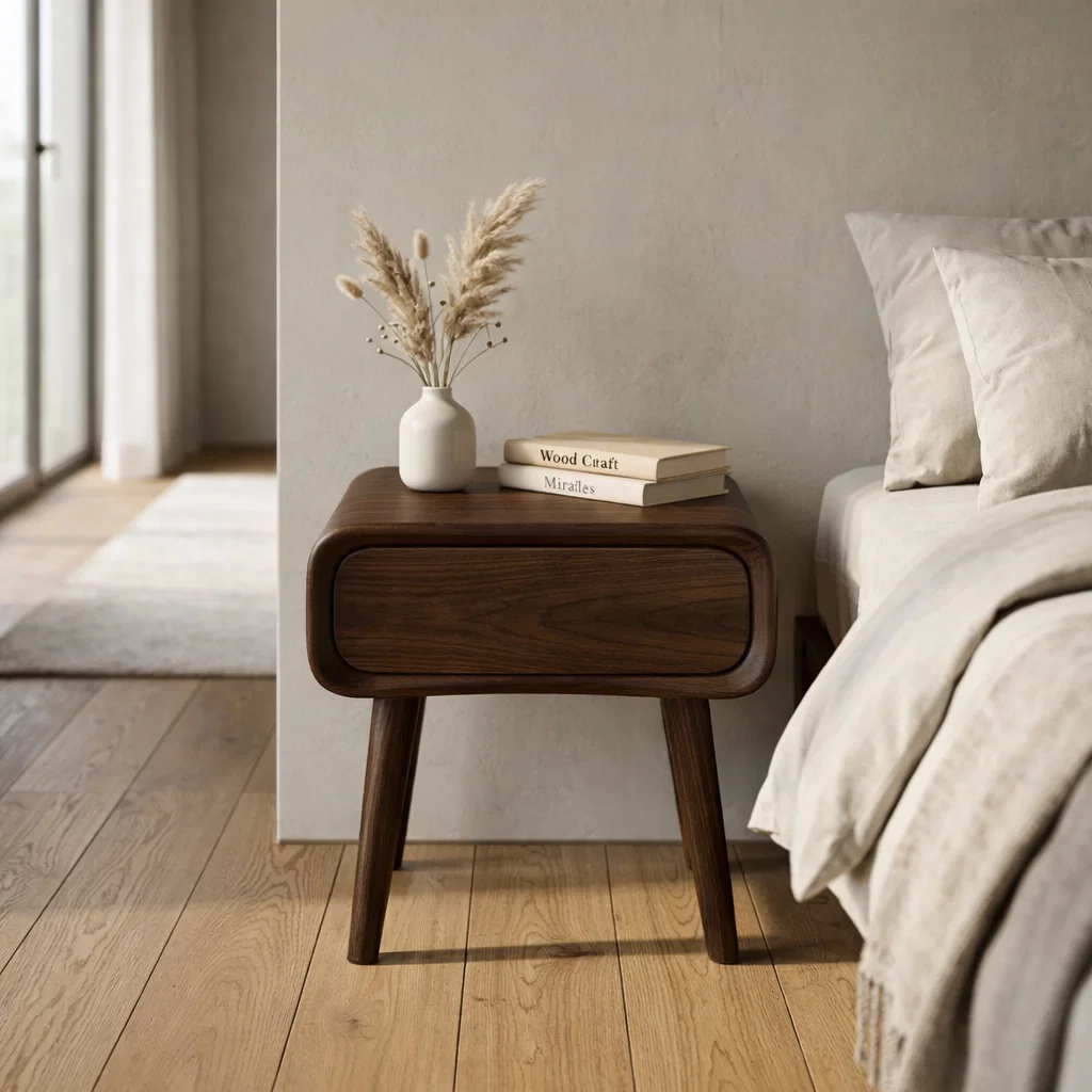 Mid-Century Walnut Nightstand with Drawer – Modern Wooden Bedside Table