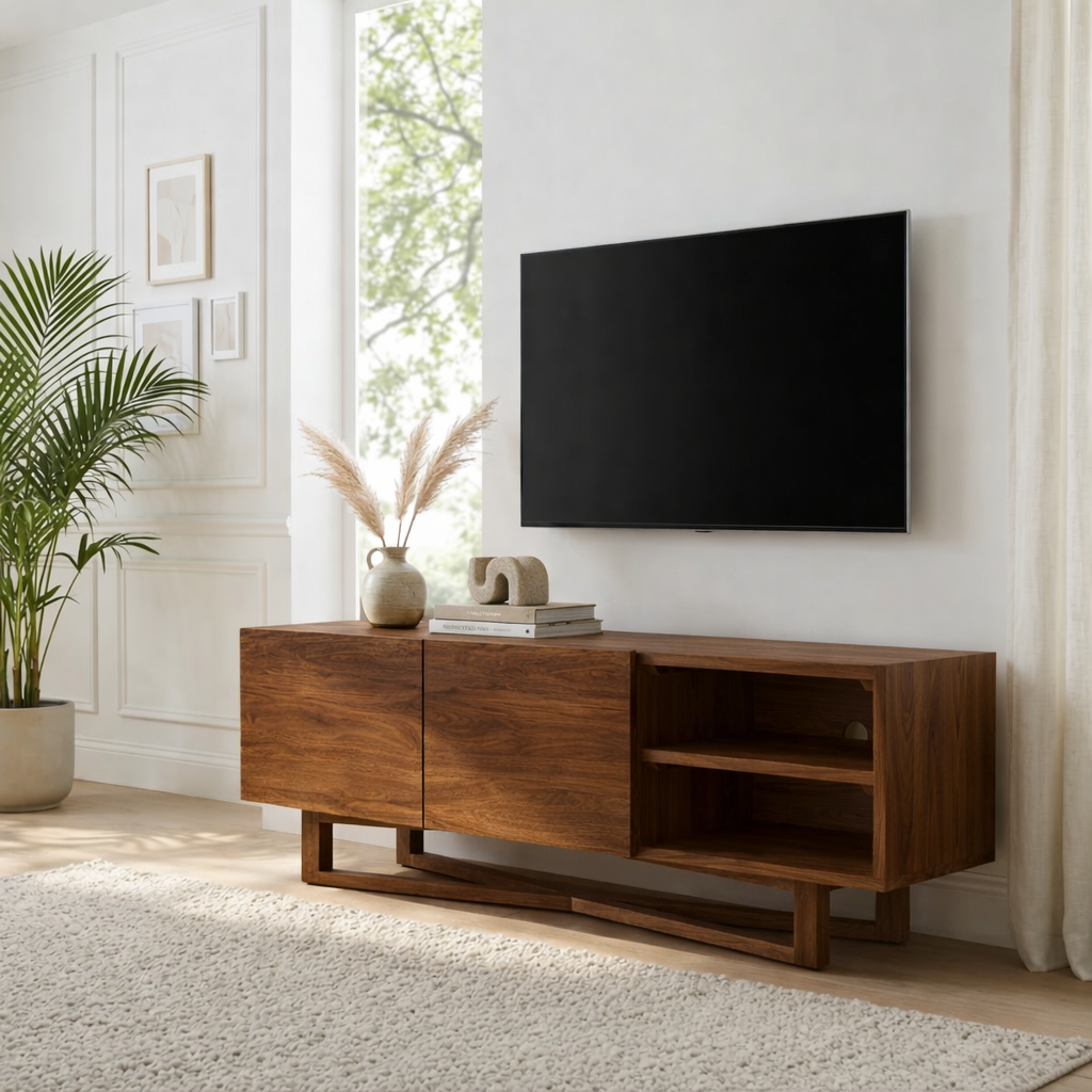 Solid Wood TV Stand with Shelves, Minimalist Entertainment Media Console Cabinet