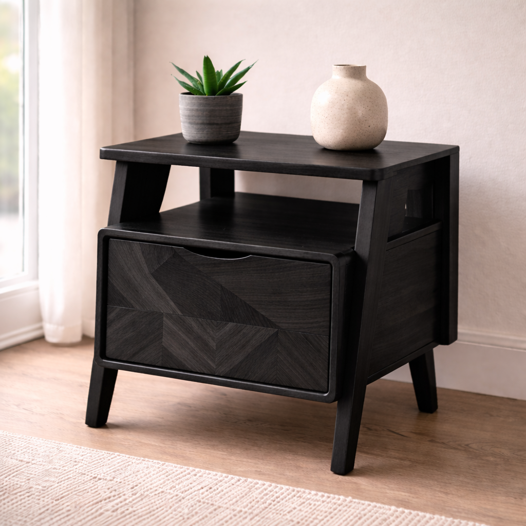 Solid Wood Nightstand with Angled Legs & Open Shelf – Contemporary Bedside Table