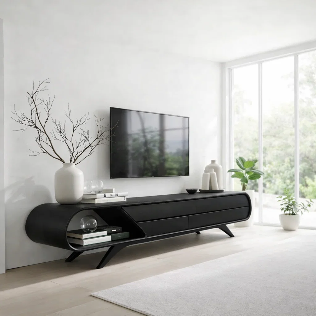 Solid Wood Media Console with Curved Design & Drawer Storage, Modern TV Stand