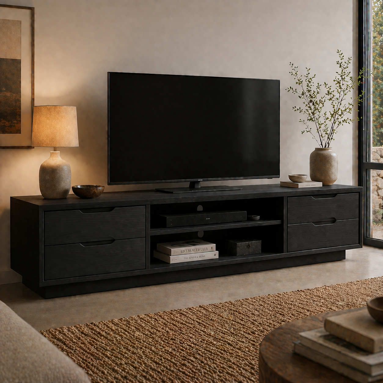Solid Wood Media Console with Drawers, Modern Low TV Stand with Open Shelf Storage