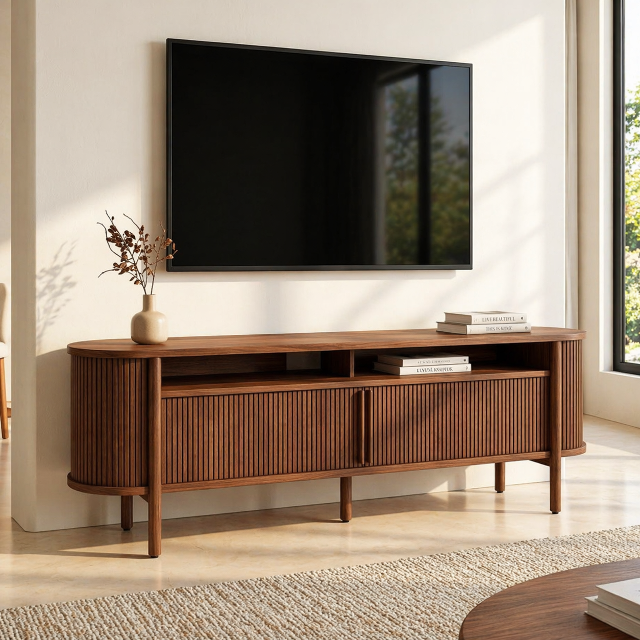 Modern Fluted TV Console, Rounded Media Cabinet for Refined Living-Room Interiors