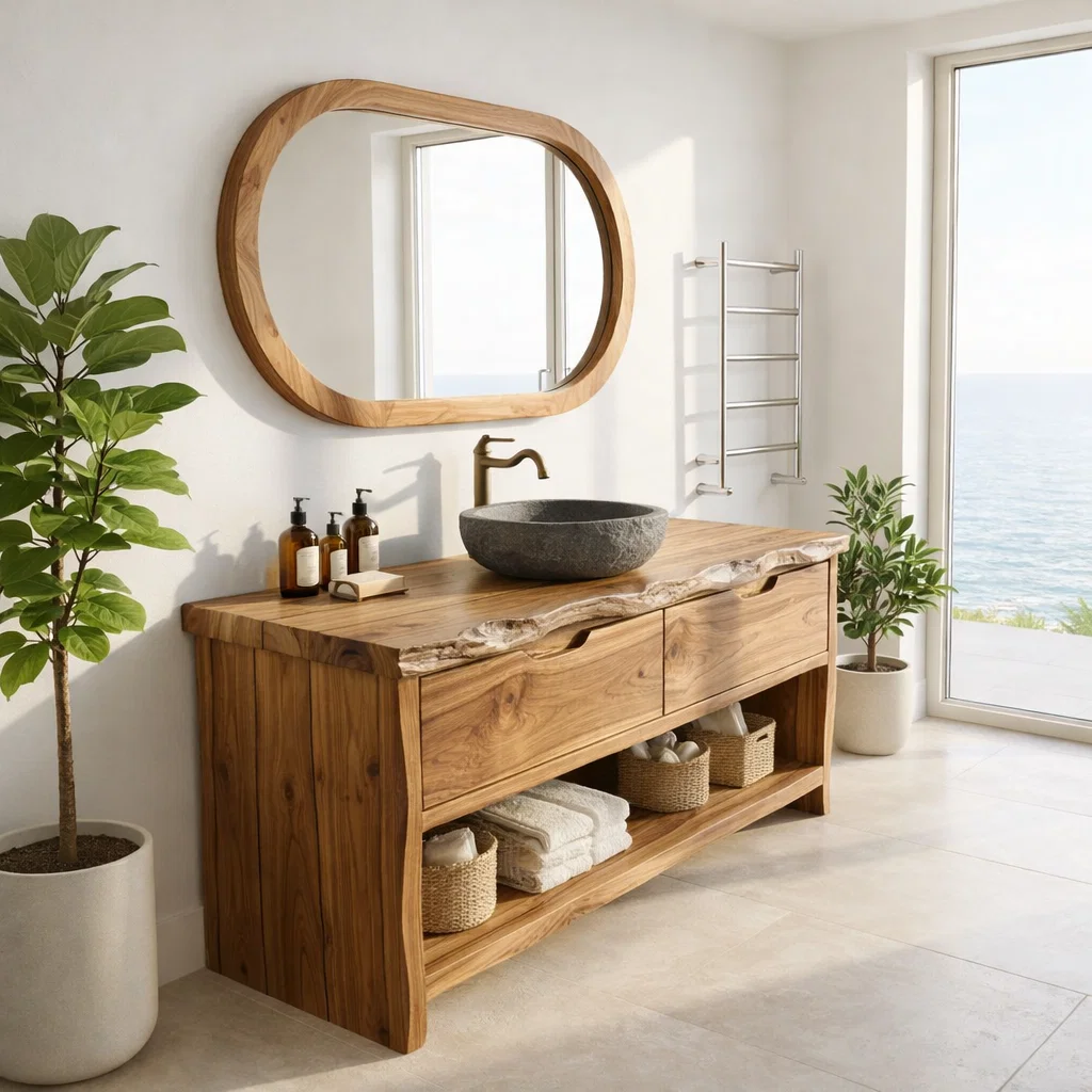 Solid Wood Bathroom Vanity Cabinet with Live Edge β Rustic Vanity Base Only