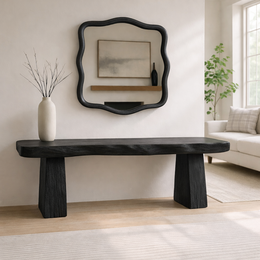 Solid Wood Entryway Bench with Sculpted Base, Handmade Rustic Hallway Seat