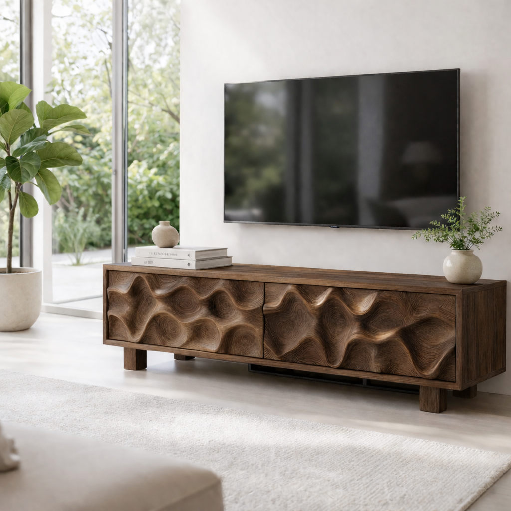 Solid Wood Media Console with Sculpted Wave Front, Modern TV Stand Cabinet