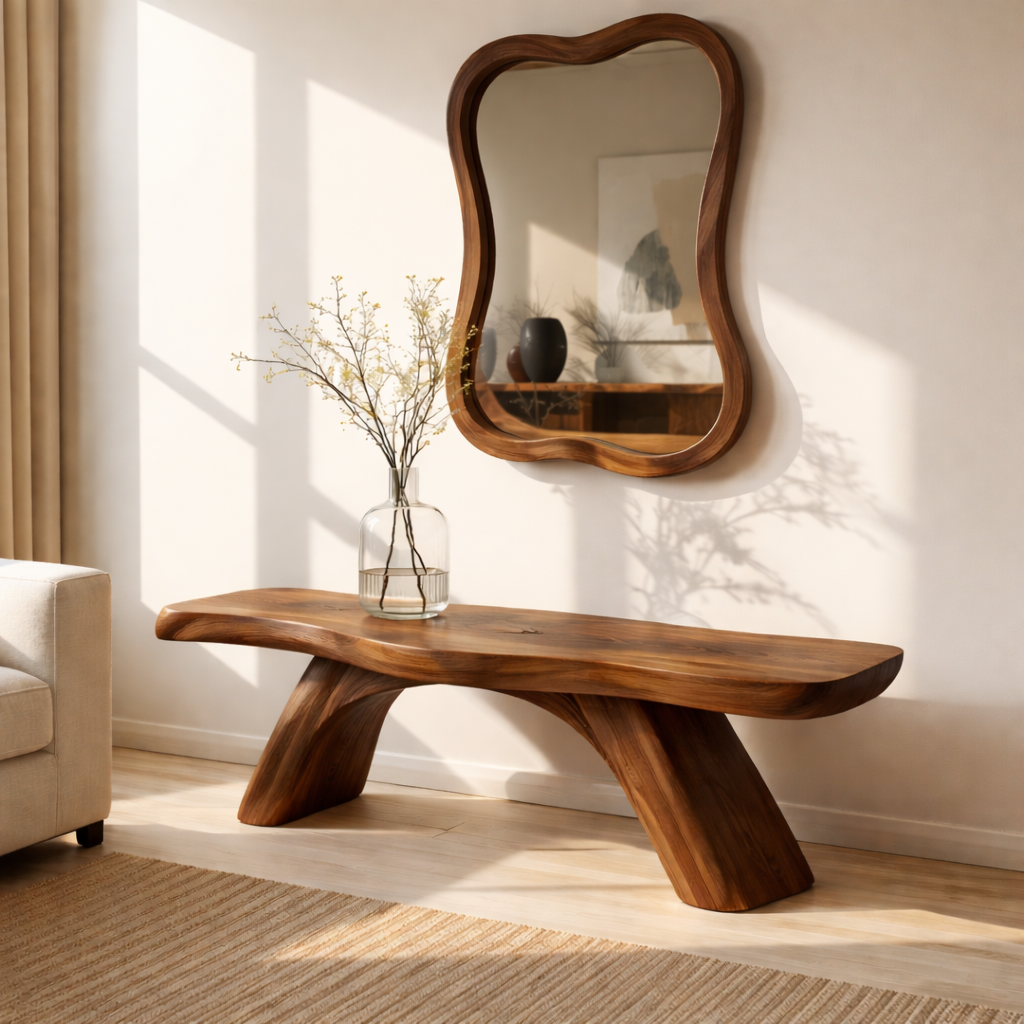 Handcrafted Solid Wood Entryway Bench with Curved Live Edge Design for Modern Natural Interiors