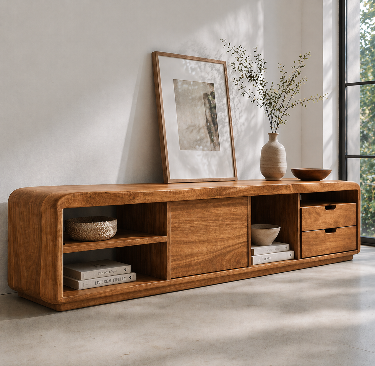 Solid Wood Media Console with Rounded Edges, Modern Low TV Stand with Storage