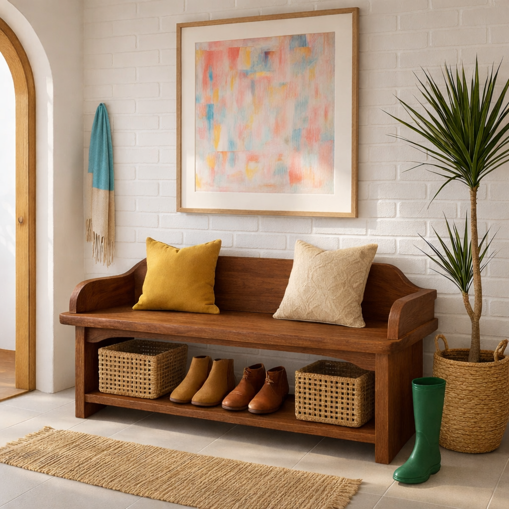 Solid Wood Entryway Bench with Armrests and Shoe Shelf Storage