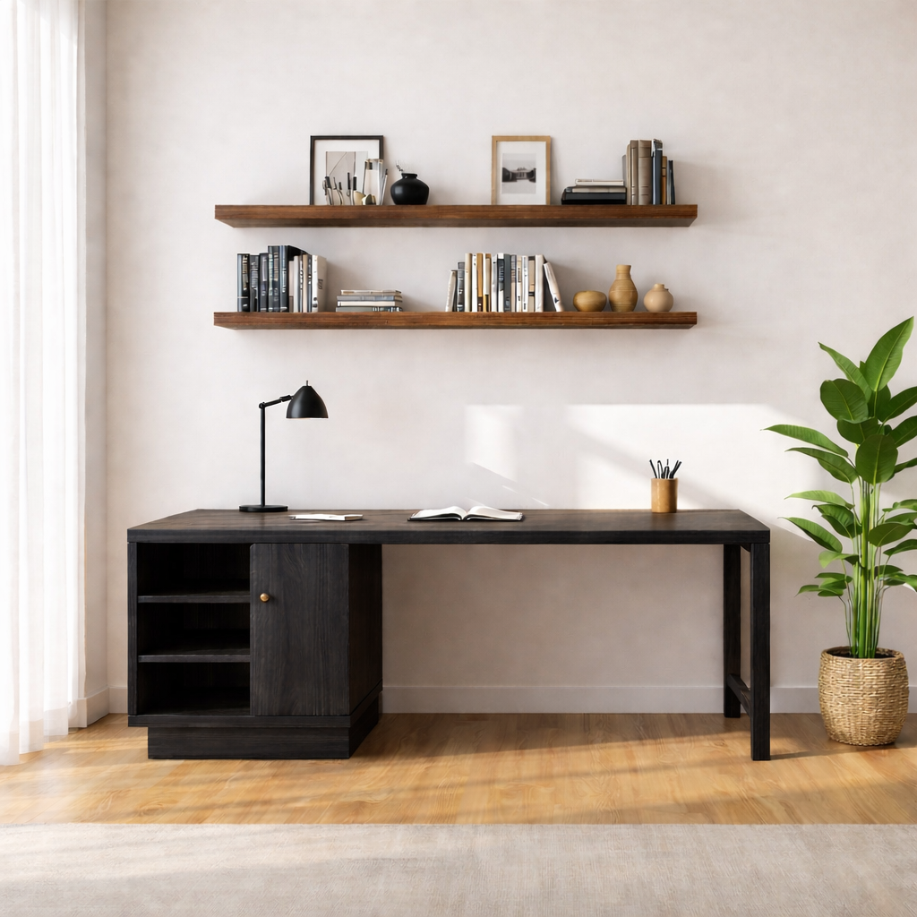 Handcrafted Solid Wood Work Desk with Storage Minimalist Scandinavian Home Office