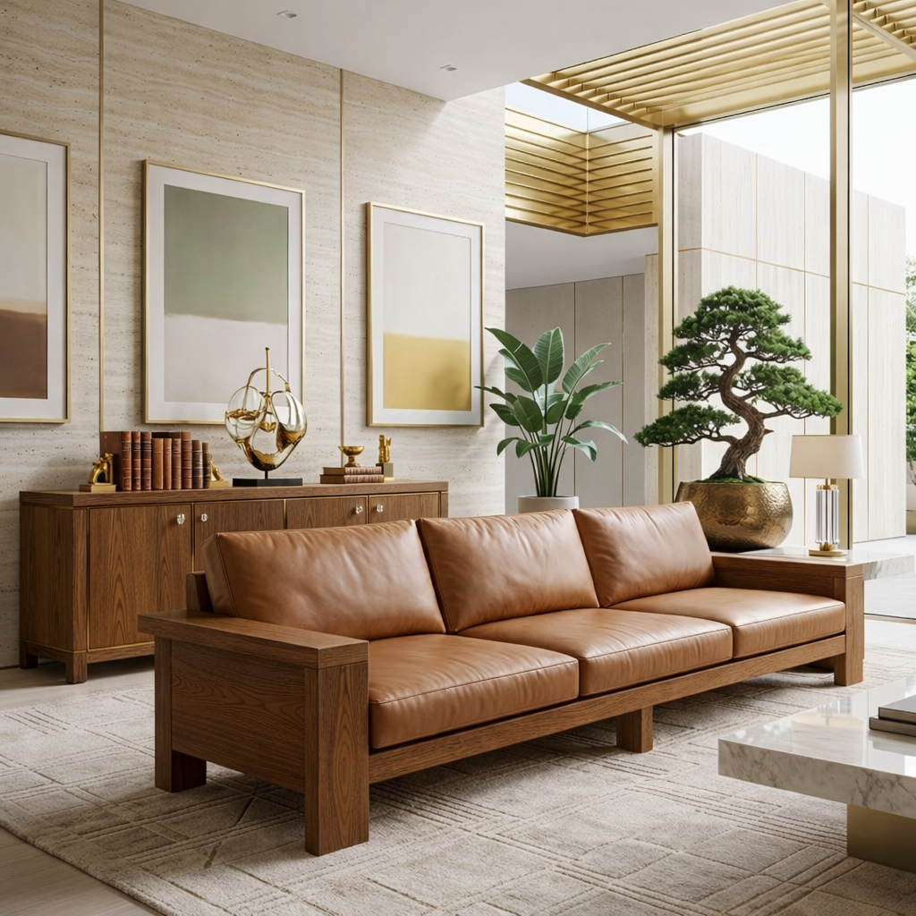 Modern Solid Wood Sofa with Leather Cushions Minimalist Scandi Living Room Couch