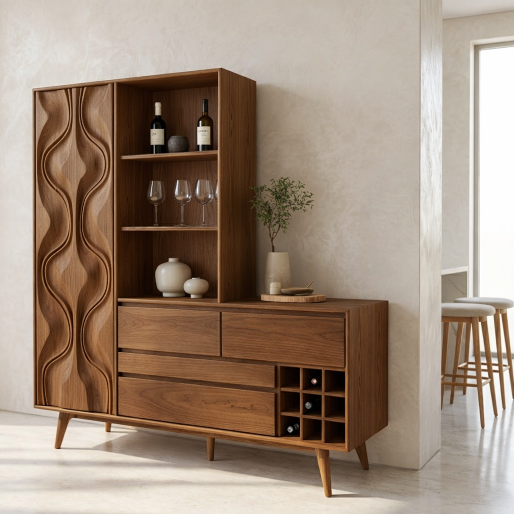 Modern Wine Cabinet Sideboard with Sculpted Door, Open Shelves and Bottle Storage