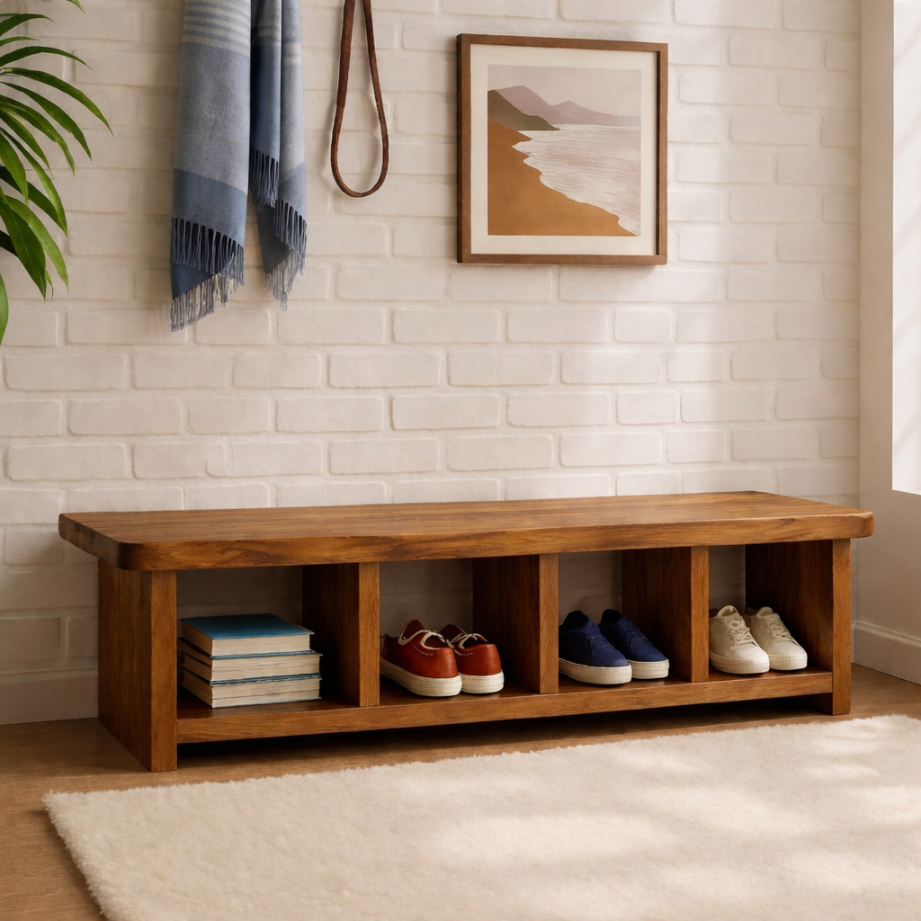Handcrafted Entryway Bench – Solid Wood Shoe Storage Bench with Open Compartments for Rustic Hallway or Mudroom