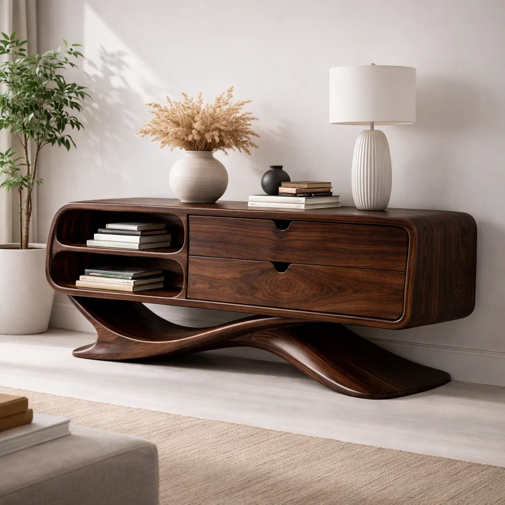 Solid Wood Sculptural Console Cabinet with Drawers & Open Shelf – Modern Curved Base