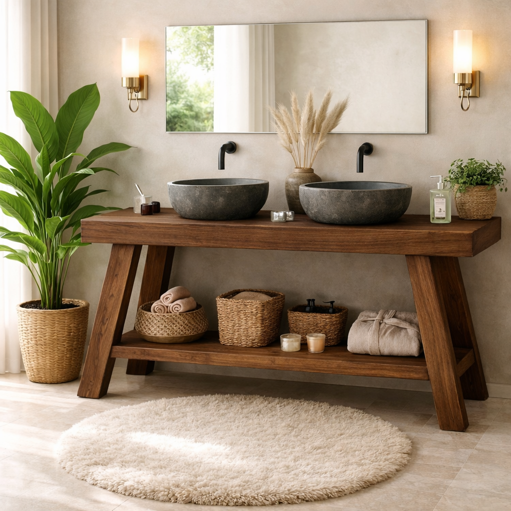 Rustic Double Sink Bathroom Vanity with Shelves Wooden Vanity Base