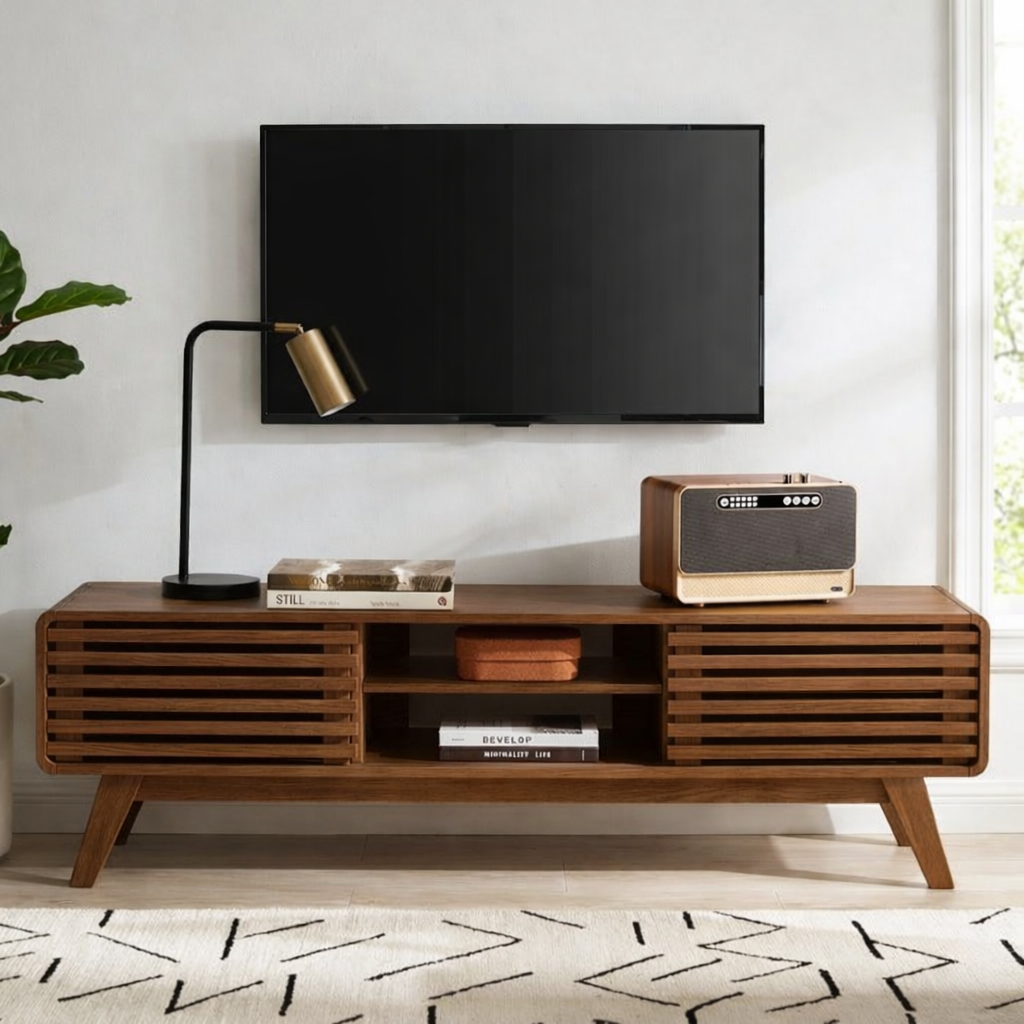 Mid Century Modern TV Stand, Slatted Cabinet Media Console with Storage for Living Room