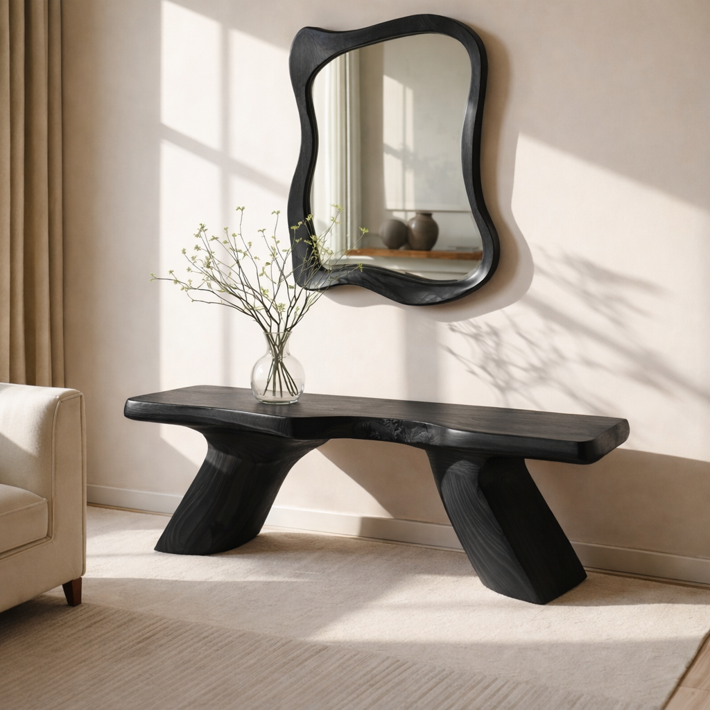 Solid Wood Entryway Bench with Sculptural Legs, Handmade Modern Hallway Seat