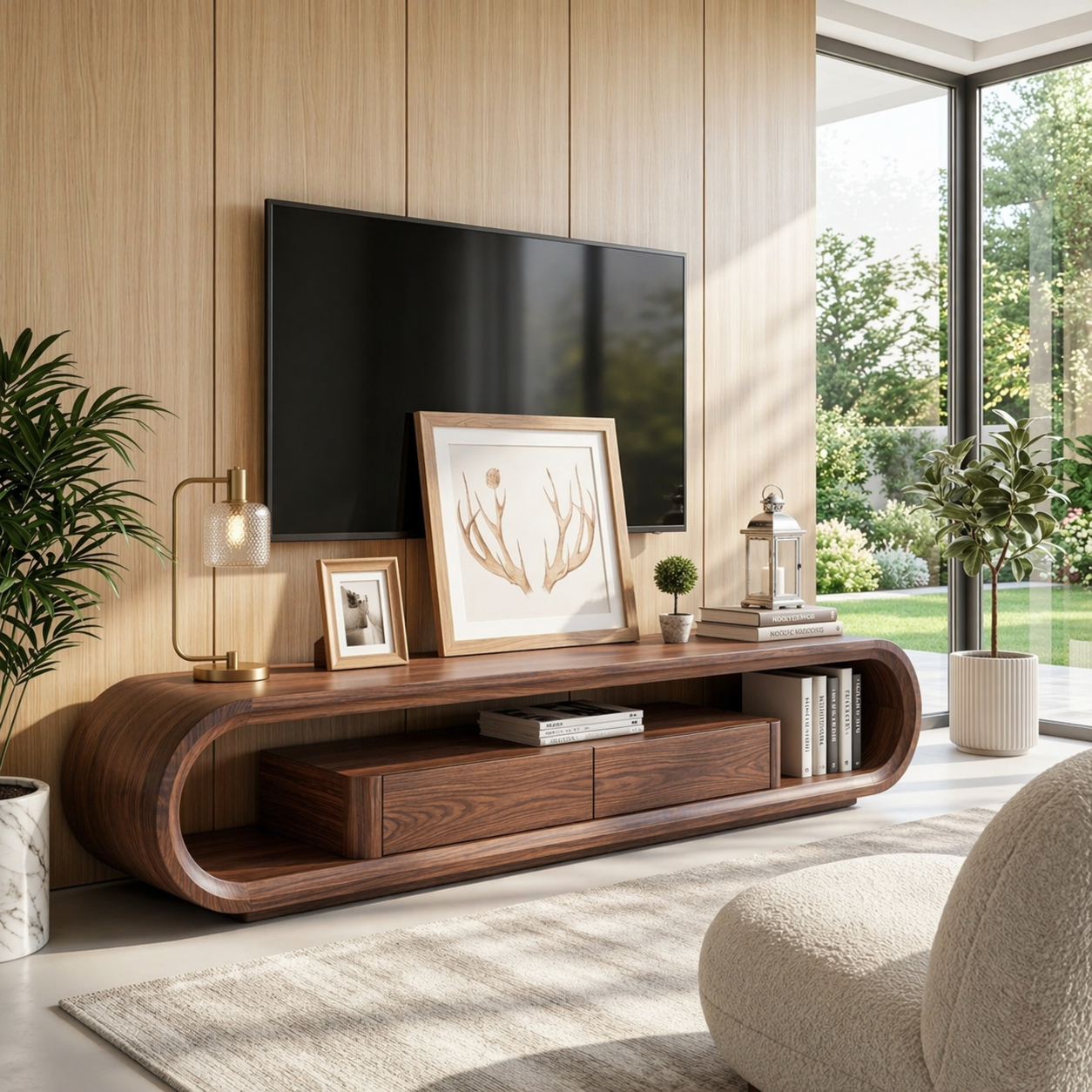 Modern Curved Entertainment Console, Sculptural TV Stand for Luxury Living Rooms