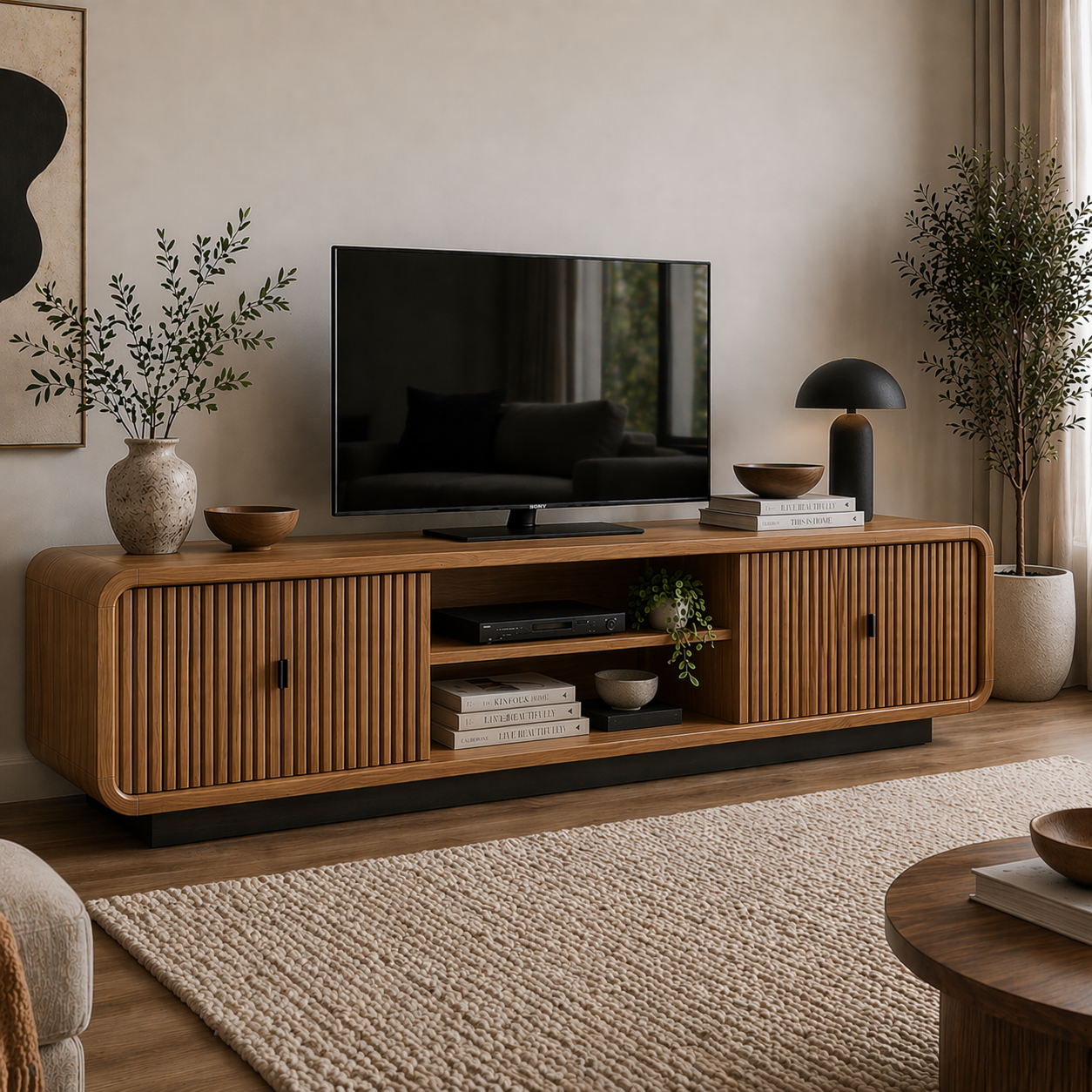 Modern Solid Wood TV Cabinet with Slatted Doors & Open Shelf Storage