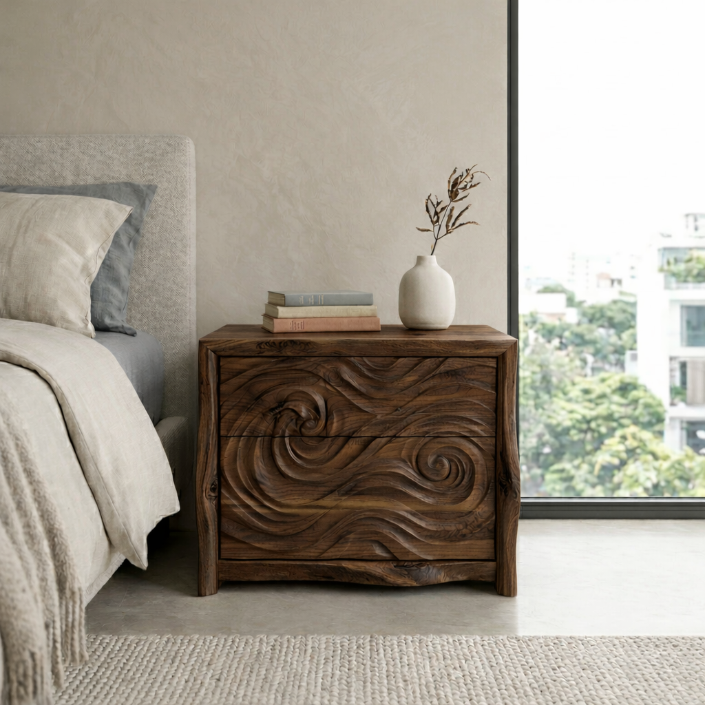 Hand-Carved Wave Wood Nightstand | Organic Modern Bedside Table
