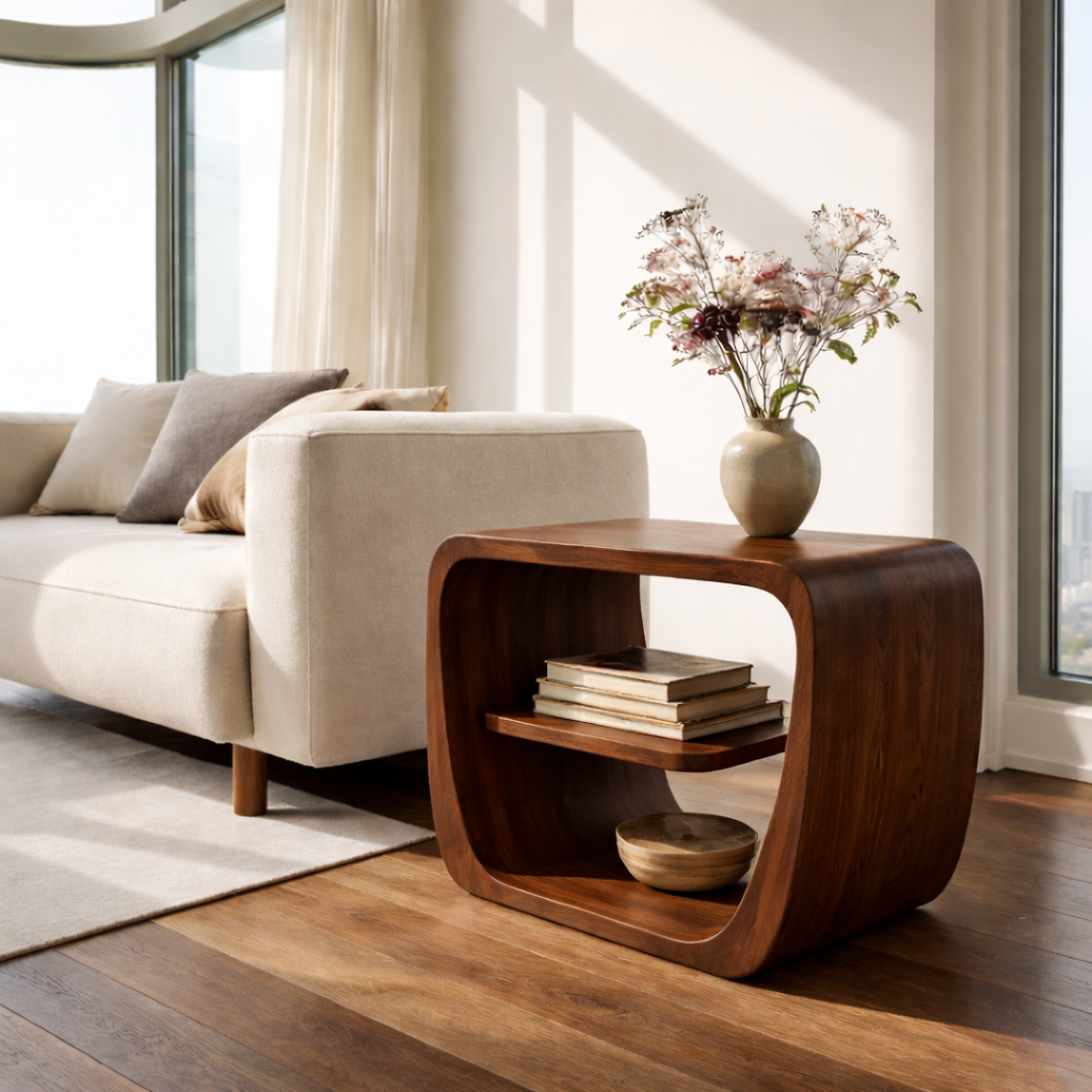 Modern Solid Wood End Table with Storage Shelf – Curved Wooden Side Table for Living Room