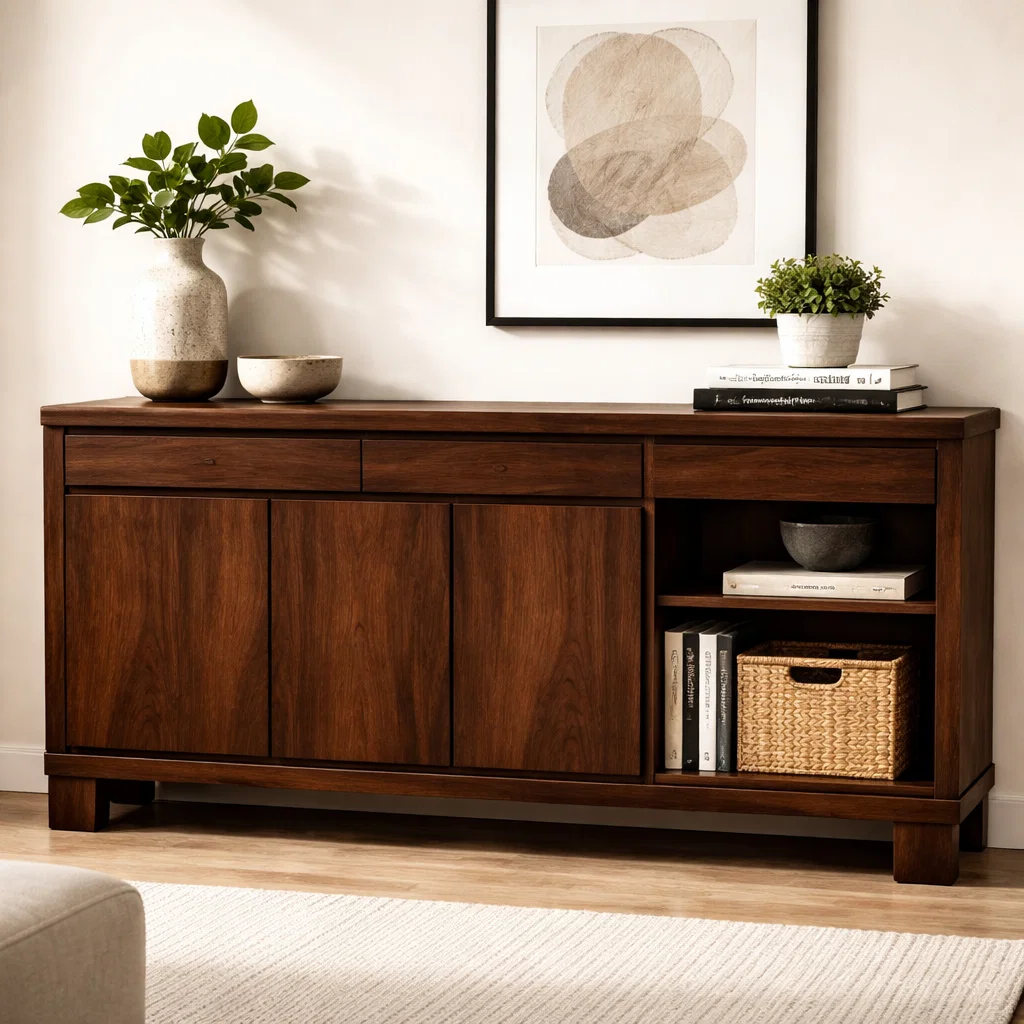 Solid Wood Console Cabinet with Drawers and Open Shelf – Modern Sideboard