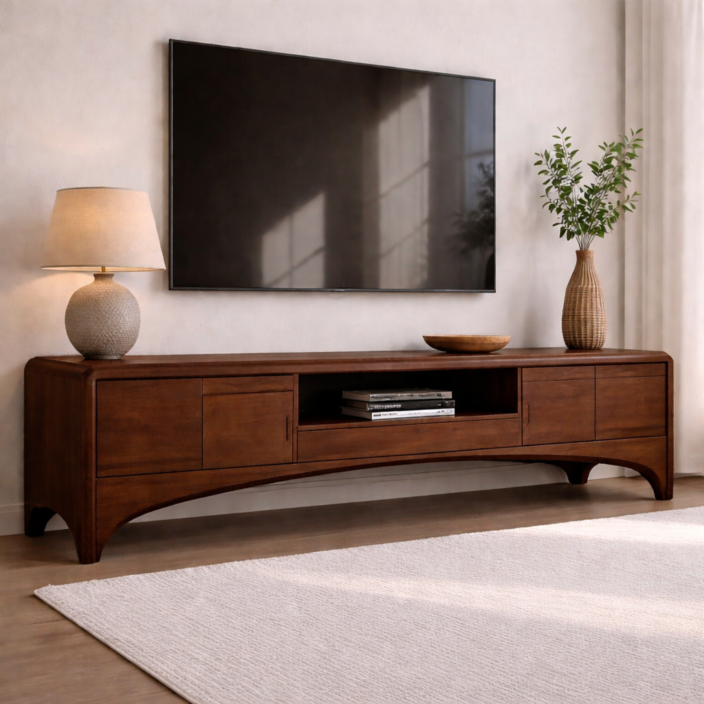 Solid Wood TV Cabinet with Drawers and Open Shelf