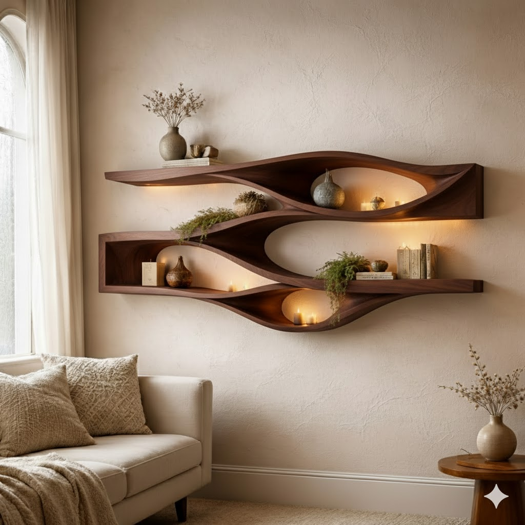 Handcrafted Solid Wood Floating Wall Shelf - Organic Curved Wave Design for Modern Home Decor