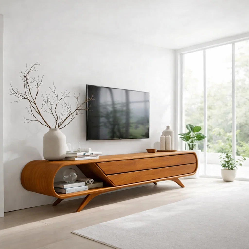Solid Wood Media Console with Curved Design & Drawer Storage, Modern TV Stand