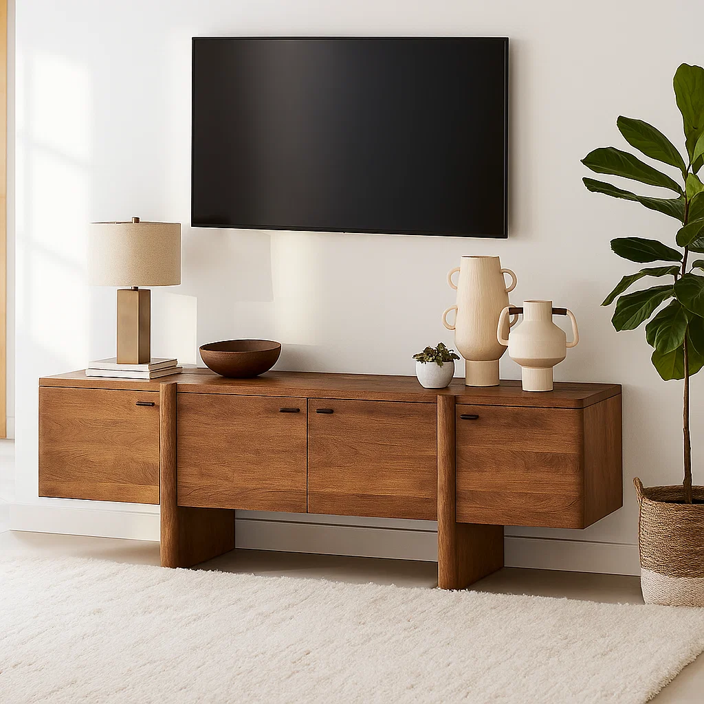 Handcrafted Solid Wood TV Stand with Drawer and Open Shelf Mid Century Modern Media Console
