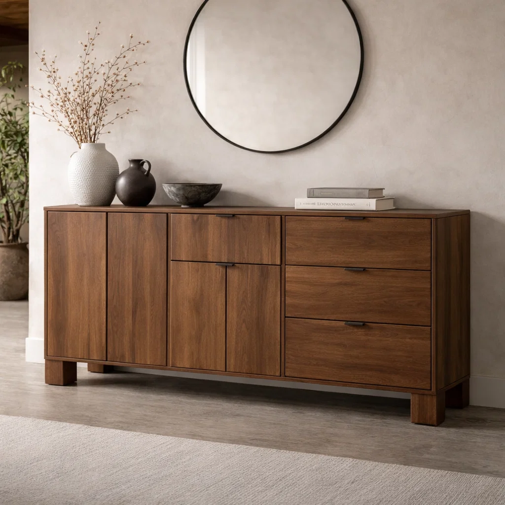 Modern Solid Wood Console Cabinet with Drawers and Doors Storage
